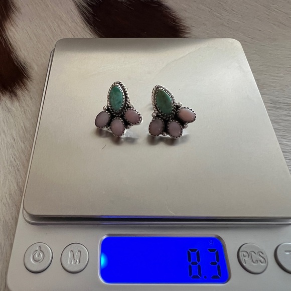 ❤️ Emerald Valley Turquoise & Pink Opal Navajo Style Sterling Cluster Earrings - Picture 9 of 16